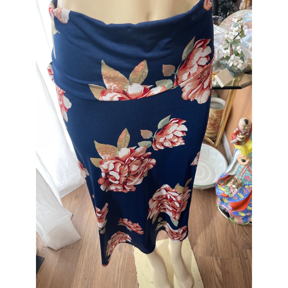 Azure Navy Blue‎ Floral Maxi Skirt Fold Over Waistband Stretch Size Medium